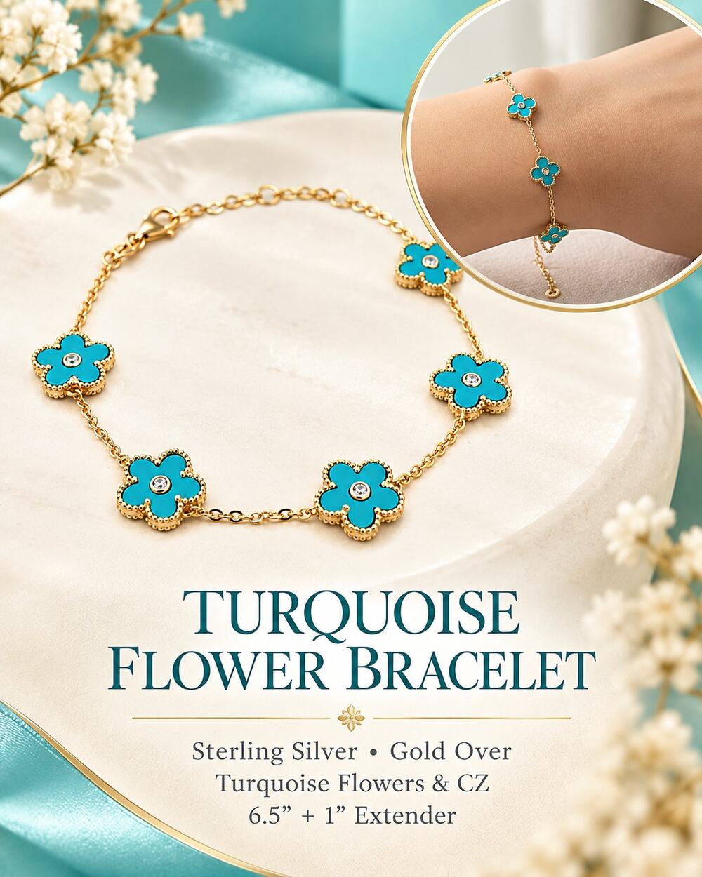 925 Sterling Silver with gold over Turquoise Flower Bracelet*6.5" + 1"